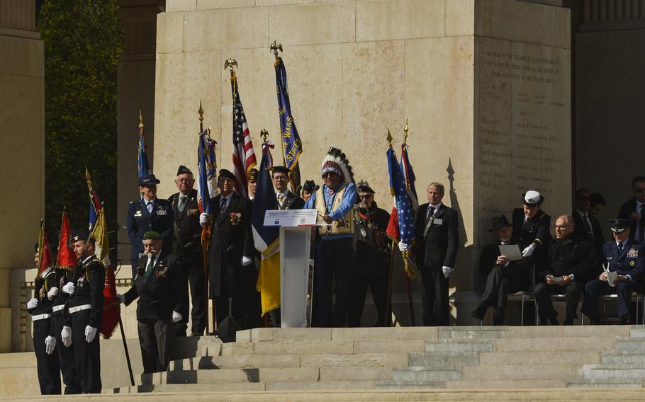 John Yellow Bird Steel, representing the Souix nation, offers a traditional native American incantation during the Lafayette Escadrille Memorial 100th anniversary ceremony in Marnes-la-Coquette, France on Wednesday, April 20, 2016. More than 200 Americans flew with France in the Lafayette Flying Corps prior to U.S. entry into World War I. Airmen from the U.S. Air Force and their French counterparts, along with civilians from both countries, during the ceremony to honor the men who served and the sacrifices of the 68 American airmen who died fighting for the French in World War I. 

