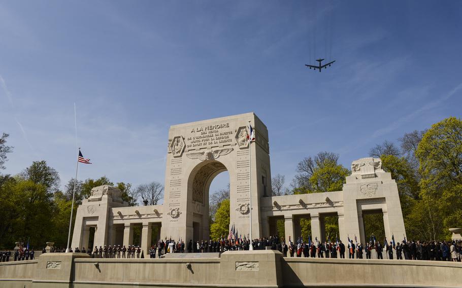 A U.S. Air Force B-52 Stratofortress bomber flies over the Lafayette Escadrille Memorial in Marnes-la-Coquette, France on Wednesday, April 20, 2016, during a ceremony honoring the 268 Americans who joined the French air force before the U.S. officially engaged in World War I. In addition to the B-52, four U.S. Air Force fifth generation F-22 Raptor fighters, four French air force Mirage 2000Ns and a World War I-era Steerman PT-17 biplane performed flyovers during the ceremony commemorating the 100th anniversary of the Layfette Escadrille's formation. 

