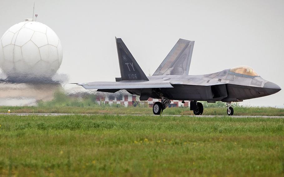 A U.S. Air Force F-22A Raptor taxis on the flightline at Mihail Kogalniceanu Air Base, Romania, on April 25, 2016. The aircraft will conduct air training with other Europe-based aircraft and will forward deploy from England to maximize training opportunities while demonstrating the U.S. commitment to NATO allies and the security of Europe. The Raptors are deployed from the 95th Fighter Squadron, Tyndall Air Force Base, Fla.

