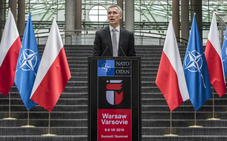 NATO Secretary-General Jens Stoltenberg reaffirmed plans to position several battalions on the alliance's eastern flank during a speech at Warsaw University in Poland, Tuesday, May 31, 2016.
