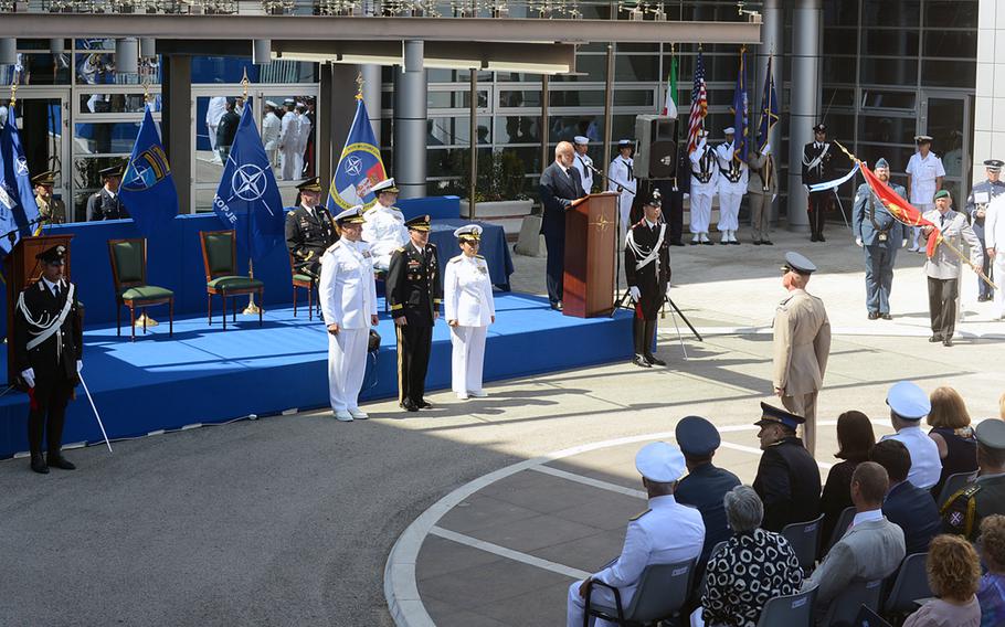 Adm. Michelle Howard, right, prepares to assume command of U.S. Naval Forces Europe-Africa and NATO Allied Joint Force Command Naples from Adm. Mark Ferguson, left. Army Gen. Curtis Scaparrotti presides over the ceremony, held Tuesday, June 7, 2016, at JFC headquarters in Lago Patria, Italy. 

Steven Beardsley/Stars and Stripes