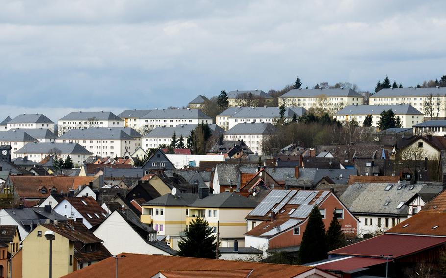 The U.S. Army Garrison Baumholder's Smith Barracks sits on the hill above Baumholder, Germany, seen here on Monday, April 4, 2016. Troops living in the are clear to use city tap water after tests on the city water systems came up negative for E coli contamination.