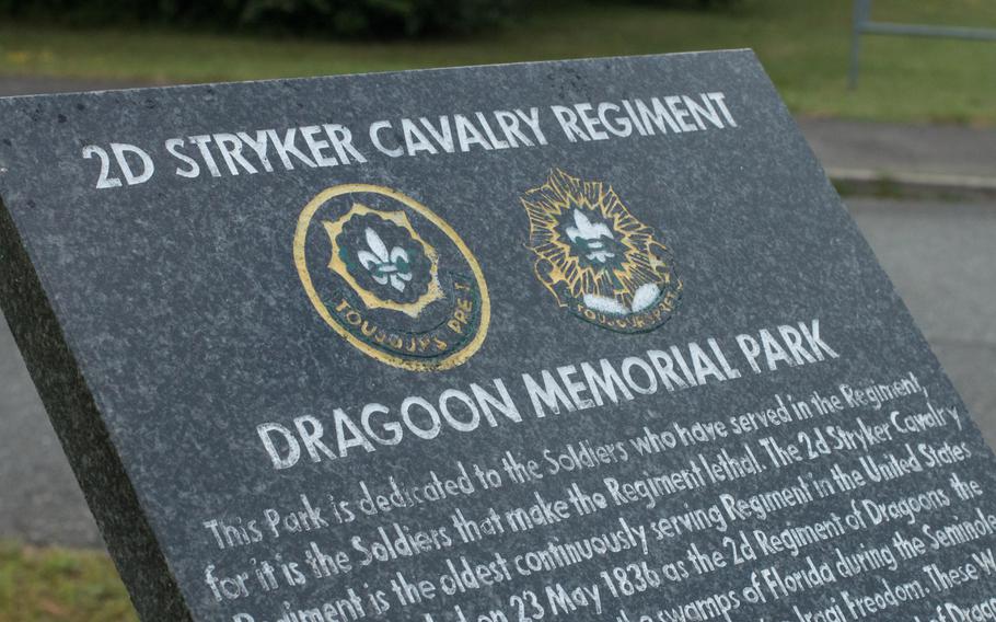 The Dragoon Memorial Park at Rose Barracks in Vilseck, Germany holds a plaque dedicated to all soldiers who have served within the Regiment. On Sunday Aug. 21, 2016, a 2CR soldier lost her life in a single-vehicle crash near the town of Kaltenbrunn, Germany. 