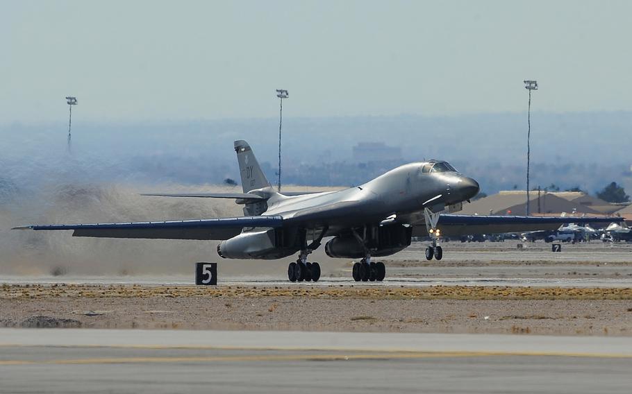 A B-1B Lancer, assigned to the 7th Bomb Wing, Dyess Air Force Base, Texas, takes off from Nellis Air Force Base, Nev., during Red Flag 16-1 in January 2016. Two B-1B Lancers from the 7th Bomb Wing, and a B-52 Stratofortress from the 307th Bomb Wing, Air Force Reserve Command, Barksdale, La., are deployed to the U.S. European Command area of responsibility for Exercise Ample Strike 16.

