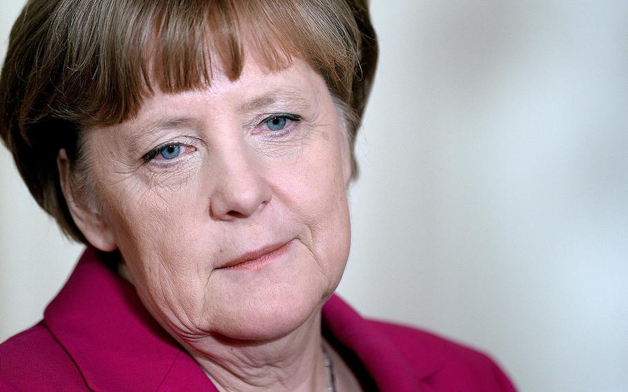 In a February, 2015 file photo, German Chancellor Angela Merkel speaks at a press conference at the White House.