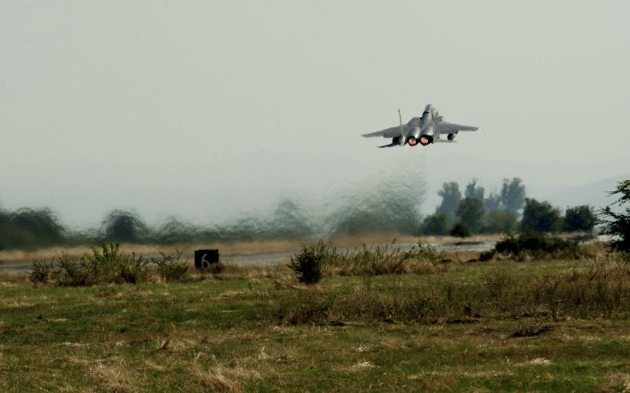 A California Air National Guard F-15C Eagle takes off from Graf Ignatievo, Bulgaria, Sept. 8, 2016. Four of the 194th Expeditionary Fighter SquadronÕs F-15Cs are conducting joint NATO air policing missions with the Bulgarian air force to protect the host nation's sovereign airspace.