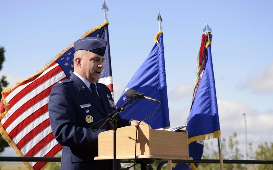 Air Force Col. Eugene Marcus Caughey speaks at a ceremony at Schriever Air Force Base in 2014. Caughey, formerly vice commander of the 50th Space Wing, was found dead at his Colorado Springs home in September 2016. 