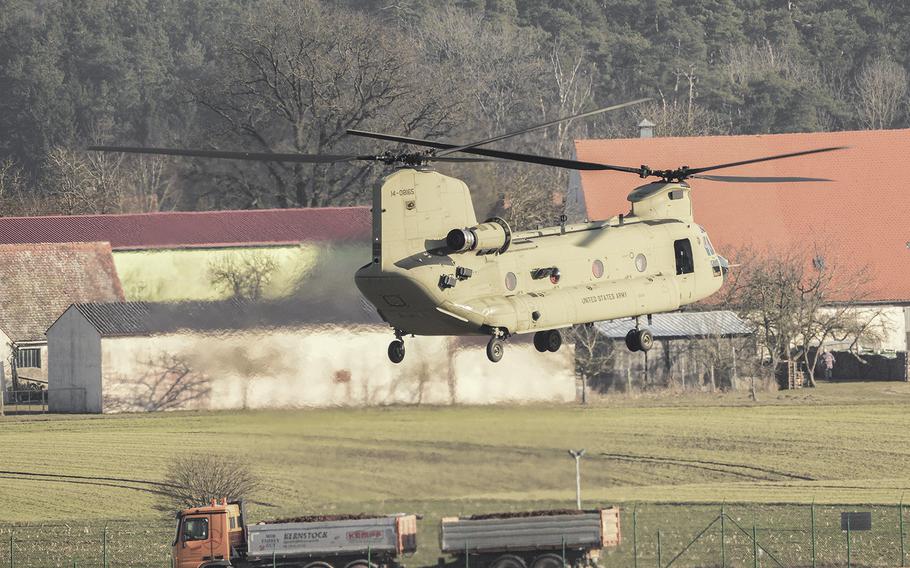 A Chinook helicopter from the 10th Mountain Division's 10th Combat Aviation Brigade from Fort Drum New York arrives at Katterbach Army Airfield in Ansbach, Germany, on Feb. 13, 2017. NATO’s top official said Tuesday, Feb. 14, that the alliance will review its command structure to ensure it can respond to new threats.