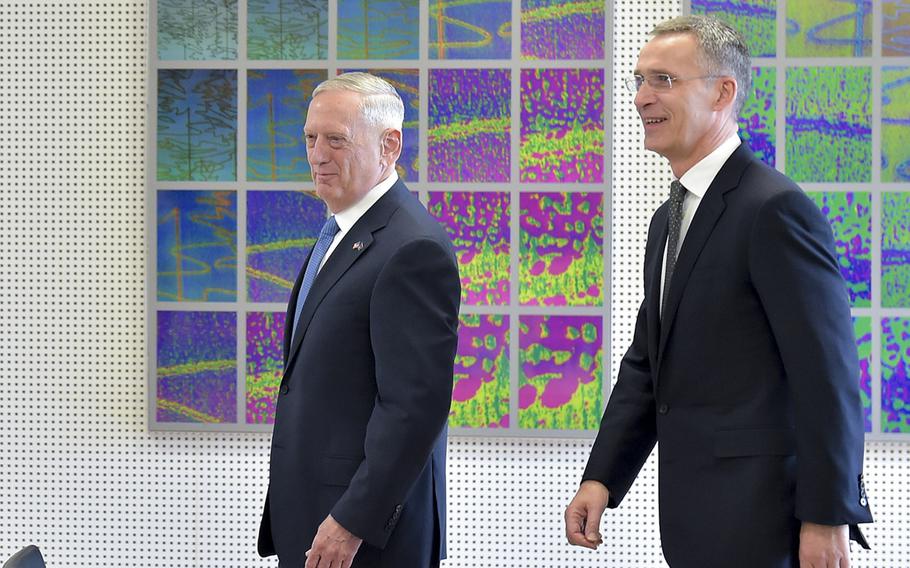 U.S. Defense Secretary James Mattis, left, with NATO Secretary General Jens Stoltenberg at NATO headquarters in Brussels on Wednesday, Feb. 15, 2017.