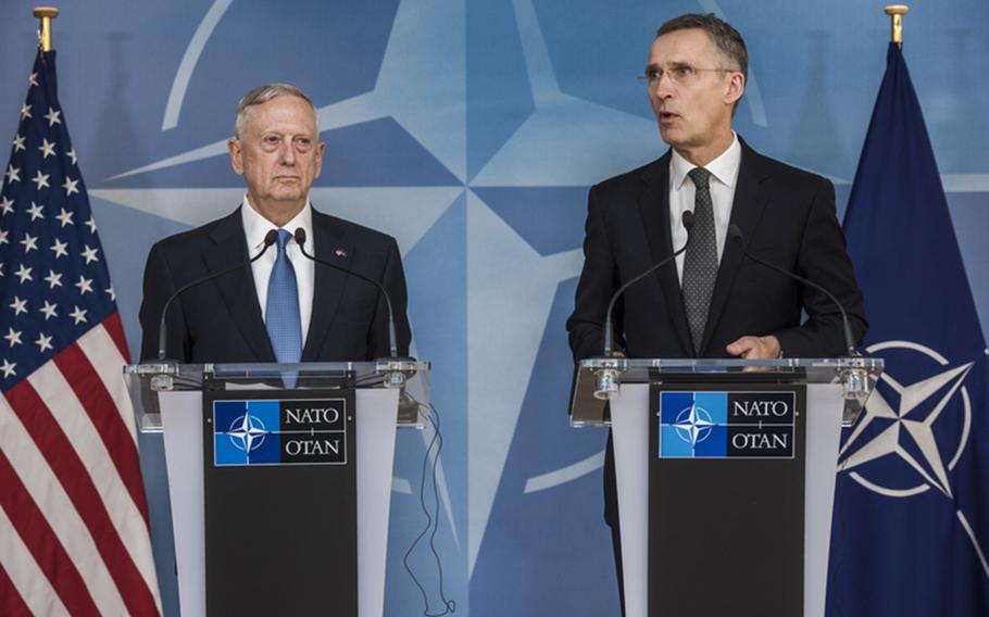 Secretary of Defense James Mattis and NATO Secretary General Jens Stoltenberg at NATO headquarters in Brussels, February 15, 2017.