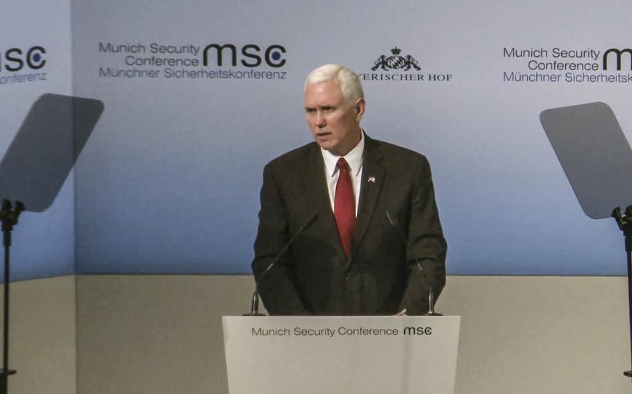 A video screen grab shows U.S. Vice President Mike Pence addressing the 53rd Munich Security Conference, in Germany on Feb. 18, 2017. “I bring you this assurance, the United States of America strongly supports NATO and will be unwavering in our commitment to this trans-Atlantic alliance,” Pence said.
