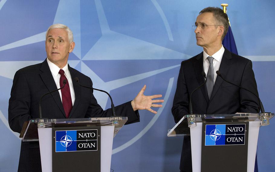 United States Vice President Mike Pence, left, and NATO Secretary General Jens Stoltenberg address a media conference at NATO headquarters in Brussels on Monday, Feb. 20, 2017. U.S. Vice President Pence is currently on a one-day visit to meet with EU and NATO officials. 