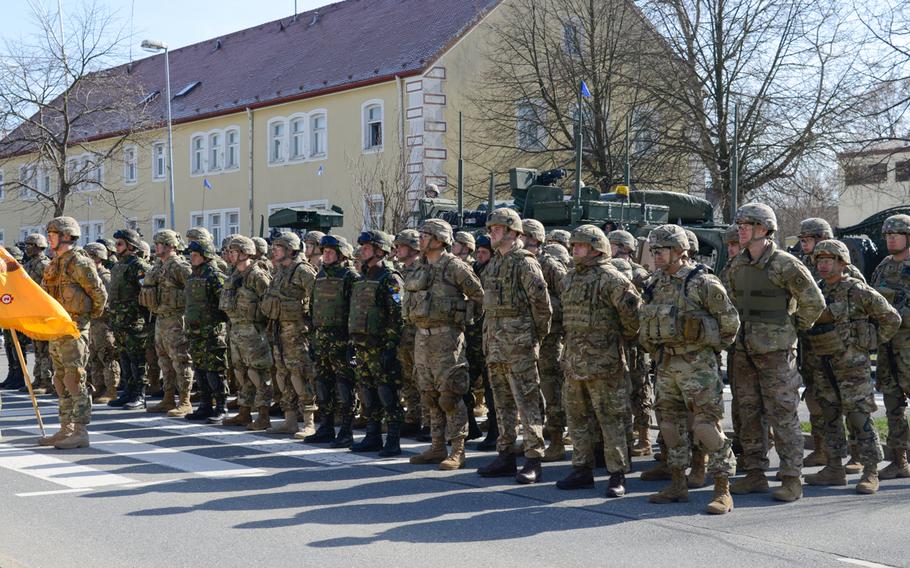 Soldiers with Battle Group Poland stand in formation during the Battle Group Poland Departure Ceremony, March 25, 2017, in Vilseck, Germany.