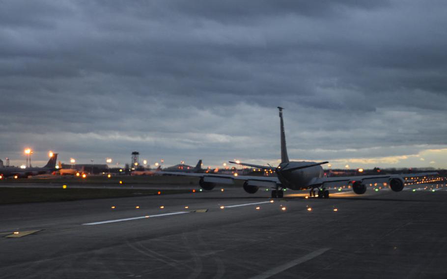 A U.S. Air Force KC-135 Stratotanker assigned to the 100th Air Refueling Wing prepares to take off from RAF Mildnehall, England, Feb. 20, 2017. Mildenhall was added in 2015 to a list of 15 military facilities to be closed. The Pentagon is now giving those plans a second look.