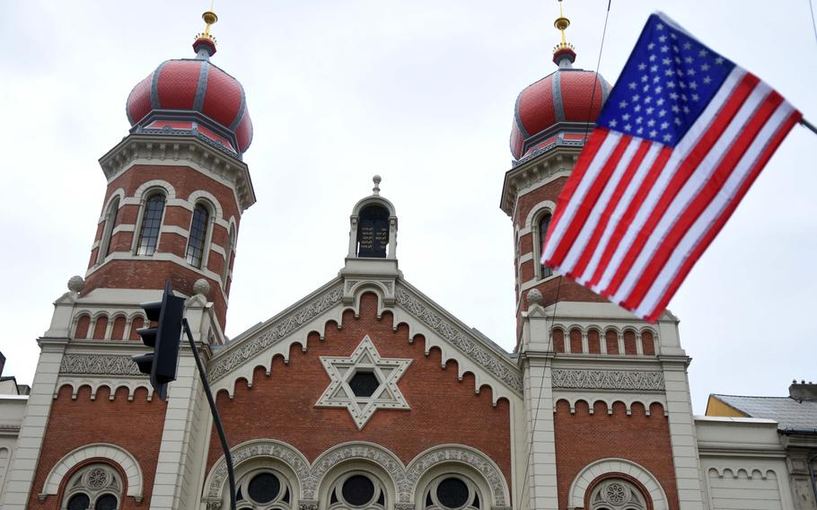 An American flag hanging at the entrance to the Great Synagogue of Pilsen, Czech Republic, Friday, May 5, 2017. The city of Pilsen celebrates the American liberation of their city during World War II with more than a dozen memorials and hundreds of flags throughout the city.