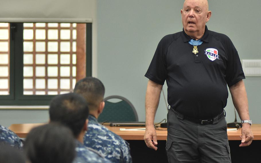 Gary Littrell wears his Medal of Honor on May 12, 2017, while he talks to servicemembers and ROTC students at the military bases in Naples, Italy.


