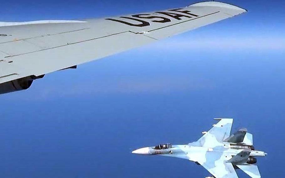A U.S. RC-135U flying in international airspace over the Baltic Sea was intercepted by a Russian SU-27 Flanker June 19, 2017. 