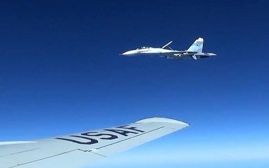 A U.S. RC-135U flying in international airspace over the Baltic Sea was intercepted by a Russian SU-27 Flanker June 19, 2017. EUCOM said it was an unsafe encounter.
