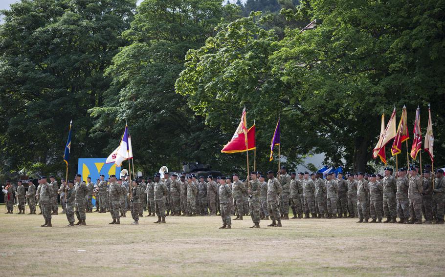 Soldiers stand in formation during the 21st Theater Sustainment Command change-of-command ceremony at Daenner Kaserne, Germany, on Friday, June 30, 2017. Maj. Gen. Steven Shapiro took over command from Maj. Gen. Duane Gamble.