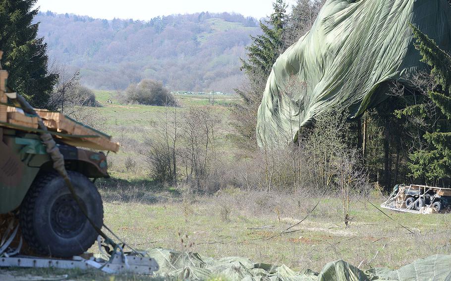 Heavy equipment was dropped at the 7th Army Joint Multinational Training Command's Hohenfels Training Area in Germany on April 11, 2016 as part of Exercise Saber Junction 16.