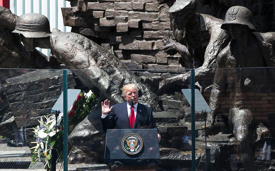 President Donald Trump speaks on Thursday, July 6, 2017 at the monument to the heroes of the 1944 Warsaw Uprising in Krasinski Square in Warsaw.