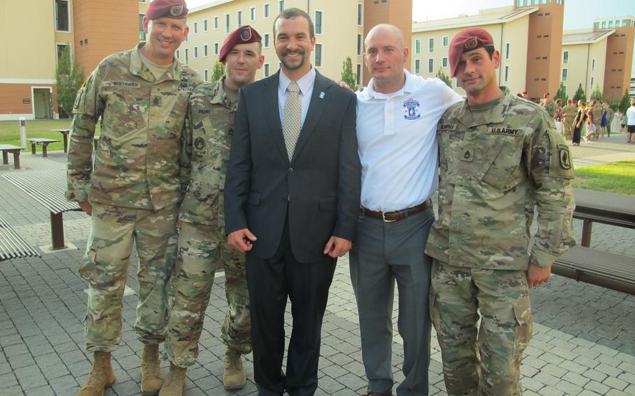 Medal of Honor awardee Sal Giunta met up with several of his friends with the 173rd Airborne Brigade at a new memorial to the brigade's 18 Medal of Honor awardees on July 6, 2017, in Vicenza, Italy.
