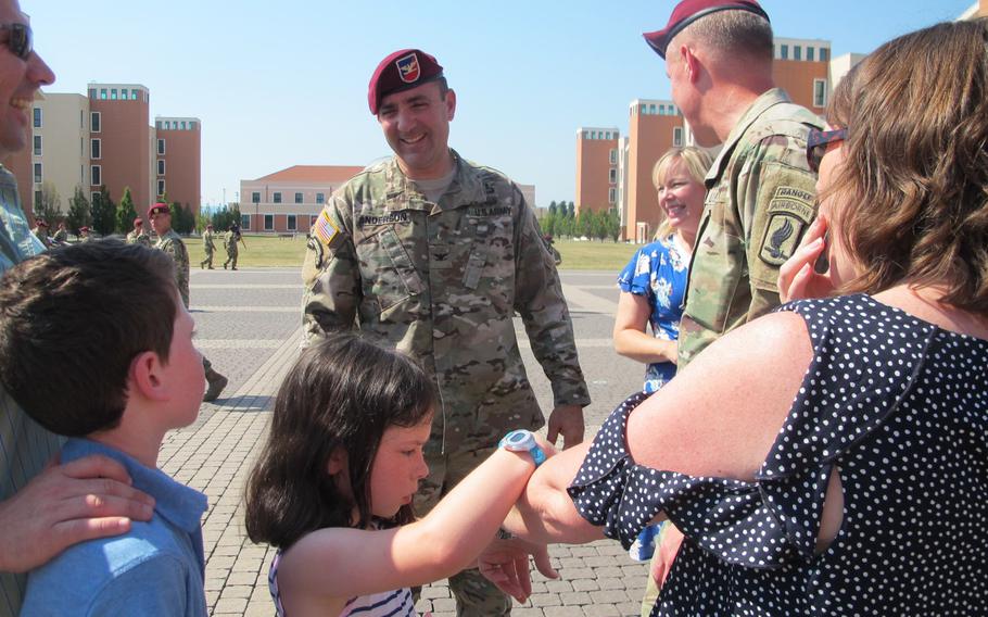 Col. Greg Anderson, commander of the 173rd Airborne Brigade for the past two years, greeted well-wishers after a change-of-command ceremony on Friday, July 7, 2017, in Vicenza, Italy. Anderson's next posting is at CENTCOM in Tampa, Fla., where he'll be the command's executive officer.