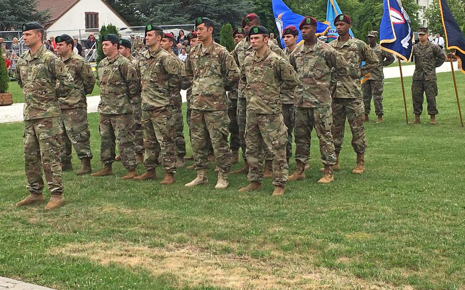 Army Green Berets stand in formation Wednesday, July 12, 2017, during a change-of-command ceremony in Stuttgart, Germany. Col. Neal A. Corson replaced Col. Glenn Dickenson as the garrison commander.

