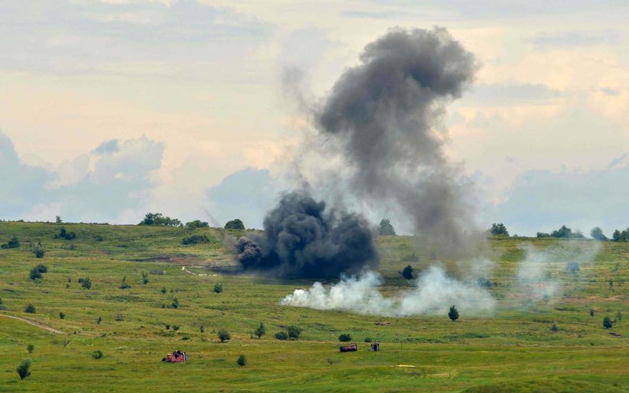 Smoke rises from the range during a live-fire demonstration at the Center for Joint National Training in Cincu, Romania, Saturday, July 15, 2017. The demonstration was part of the U. S. Army Europe-led exercise Saber Guardian 2017.