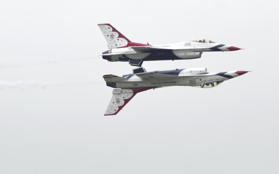 U.S. Air Force Thunderbirds perform an aerial demonstration for the first time in a decade during the annual Royal International Air Tattoo at RAF Fairford, Saturday, July 15, 2017.