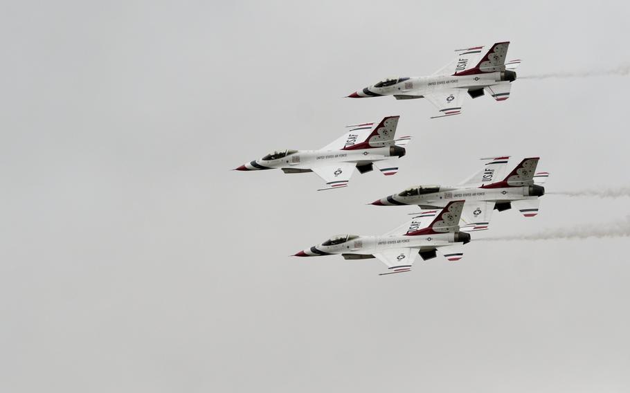 U.S. Air Force Thunderbirds fly in close formation during an aerial demonstration at the annual Royal International Air Tattoo at RAF Fairford, Saturday, July 15, 2017.