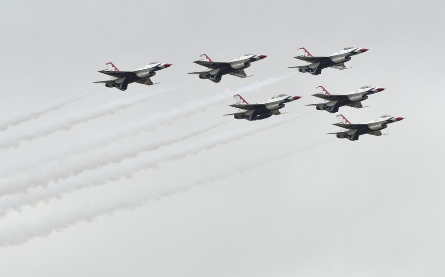 U.S. Air Force Thunderbirds perform an aerial demonstration for the first time in a decade at the annual Royal International Air Tattoo at RAF Fairford, Saturday, July 15, 2017. 