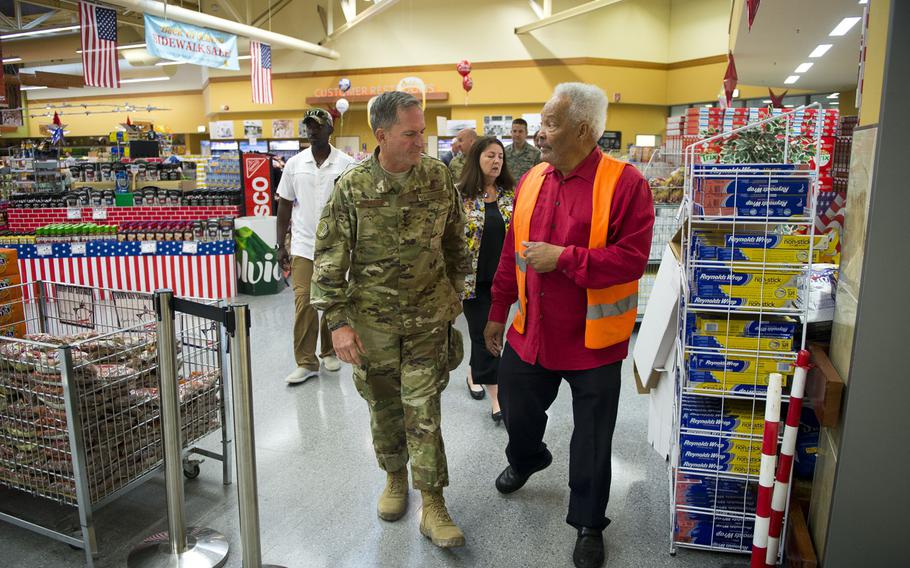 Air Force Chief of Staff Gen. David Goldfein, left, and Charlie Searchwell walk through the commissary at Ramstein Air Base, Germany, on Monday, Aug. 21, 2017.


