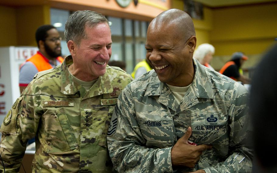 Air Force Chief of Staff Gen. David Goldfein, left, and Chief Master Sgt. Jackie Harris, 24th Intelligence Squadron superintendent, share a laugh at Ramstein Air Base, Germany, on Monday, Aug. 21, 2017.

