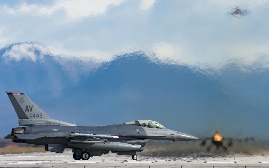 An  F-16 Fighting Falcon from the 510th Fighter Squadron prepares for take off at Aviano Air Base, Italy, March 7, 2017.