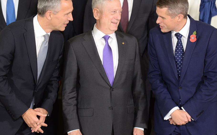 Left to right: NATO Secretary General Jens Stoltenberg, left, with U.S. Secretary of Defense Jim Mattis and UK Minister of Defence Wednesday, Nov. 8, 2017 at Brussels.