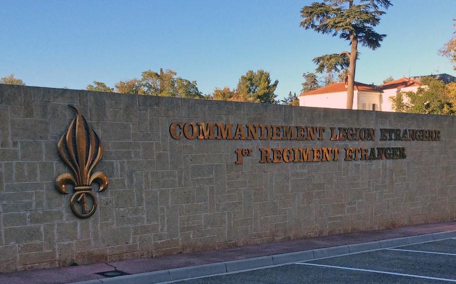 Entrance to the Foreign legion's headquarters compound in Aubagne, southern France. The exploding grenade with the seven flames has been the Legion's symbol throughout its long history.