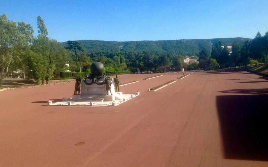 The parade ground at the Foreign Legion's main base in Aubagne, in southern France. On April 30 each year, the base hosts the hundreds of visitors for the Camerone Day parade, its principal holiday.  It marks a battle in Mexico in 1863, when a company of legionnaires was nearly wiped out after a day-long firefight with a much larger Mexican force. The wooden false hand of the company commander is paraded as a sacred relic.