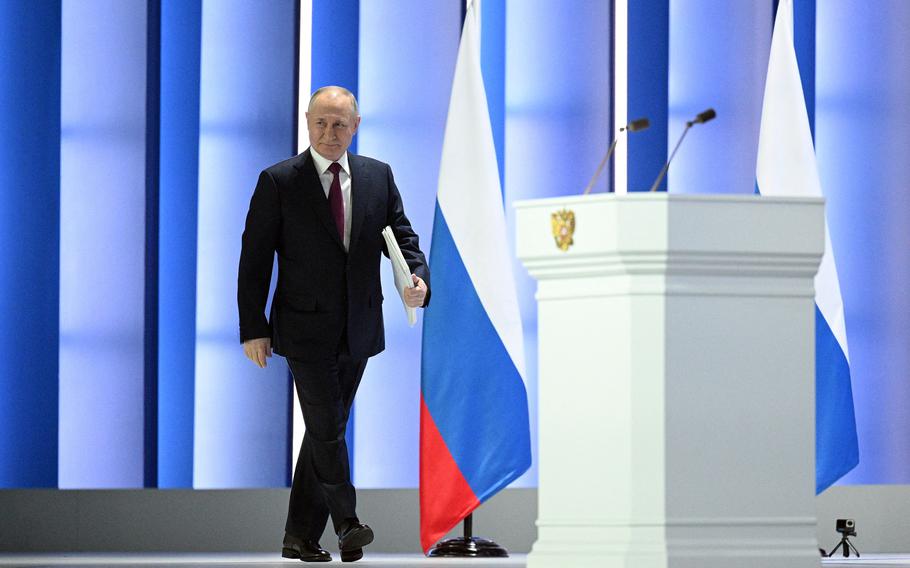 Russian President Vladimir Putin arrives to deliver his annual state of the nation address at the Gostiny Dvor conference centre in central Moscow on Feb. 21, 2023. 