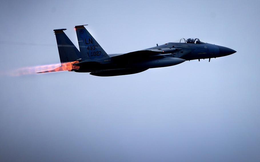 A U.S. Air Force F-15C Eagle aircraft assigned to the 493rd Expeditionary Fighter Squadron responds to an alert scramble notification at Siauliai Air Base, Lithuania, Sept. 4, 2017.