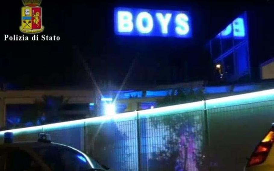 An Italian police photo of a strip club where Italian police arrested a U.S. soldier from the Vicenza-based 173rd Brigade who assaulted two Italian police officers, breaking one officer's teeth on Thursday, Feb. 1, 2018.