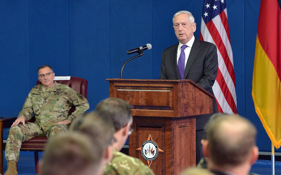 Secretary of Defense Jim Mattis talks with military and civilian personnel at U.S. European Command during a town-hall meeting in Stuttgart, Germany, on Feb. 15, 2018. 