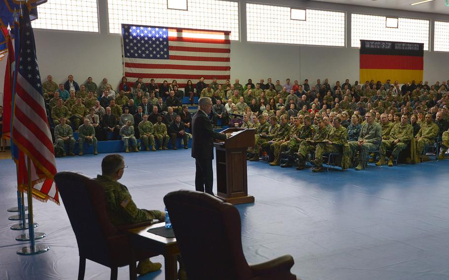 Secretary of Defense Jim Mattis talks to military and civilian personnel at U.S. European Command in Stuttgart, Germany, on Feb. 15, 2018.