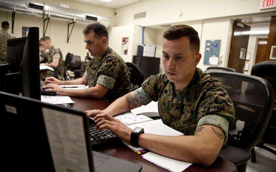 U.S. Marines work on an assignment during the Cyber Security Technician course at Marine Corps Base Twentynine Palms, Calif., in 2017. A data breach coming from the Marine Corps Forces Reserve on Feb. 26, 2018, affected the personal information about 21,000 people, service officials said.