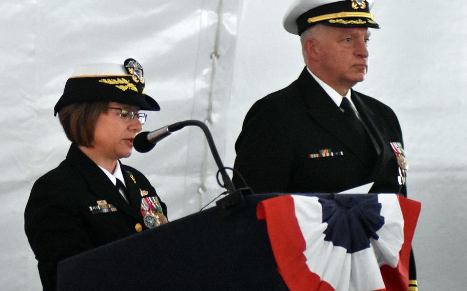 Vice Adm. Lisa Franchetti speaks during a change of command ceremony on Thursday, March 1, 2018 while Adm. James Foggo looks on. Franchetti took command of 6th Fleet after serving as commander of Naval Forces Korea.