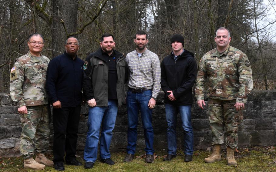 Americans who went through a recent German hunting class, to be knighted into a German hunting club, are seen at U.S. Army Garrison Ansbach, Germany, on Friday, March 9, 2018.