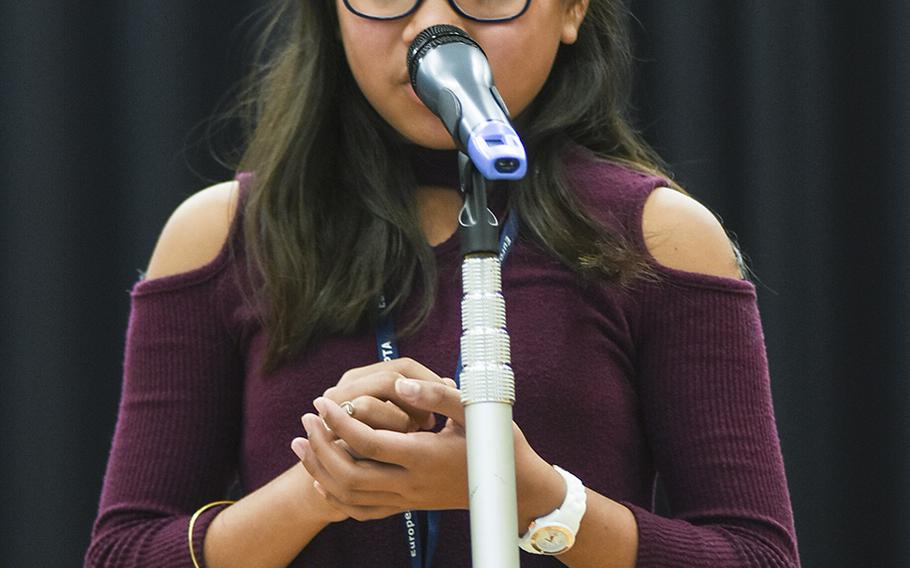Mia Ramirez of Naples Elementary School, Italy, looks nervously toward the judges while spelling a word at the 35th Annual European PTA Spelling Bee on Saturday, March 10, 2018. The contest was held at Ramstein Air Base, Germany.