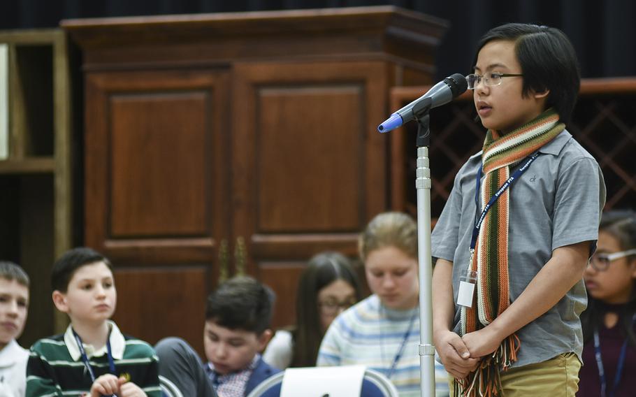 Ramon Padua Jr. of Ramstein Middle School spells a word during the 35th Annual European PTA Spelling Bee on Saturday, March 10, 2018. Padua finished second in the contest, held at Ramstein Elementary School in Germany.