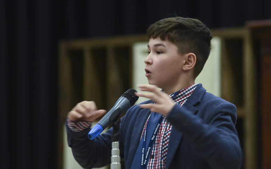 Jonnen Messer, a fifth-grader at Ramstein Intermediate School, reacts after winning the 35th Annual European PTA Spelling Bee on Saturday, March 10, 2018, at Ramstein Air Base, Germany.