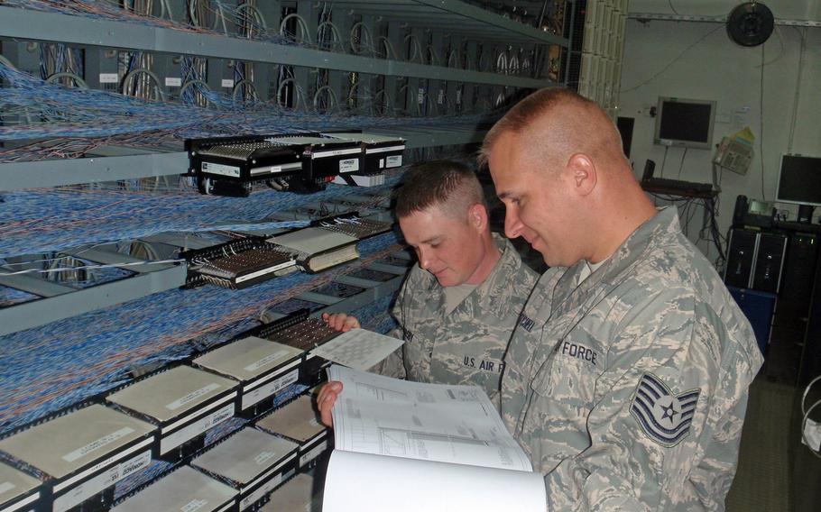 Master Sgt. Jerred Mitchell, right, reviews project plans with a fellow airman while working during a previous assignment at Incirlik Air Base, Turkey.

